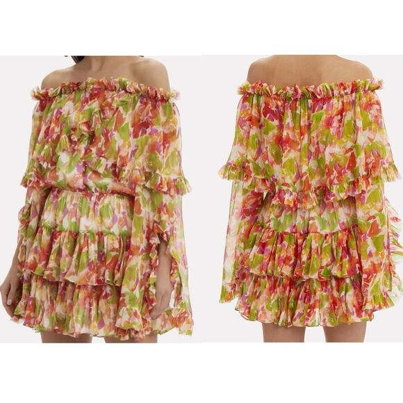 Caroline Constas Dahlia Off The Shoulder Pink Coral Multi Silk - Picture 1 of 7